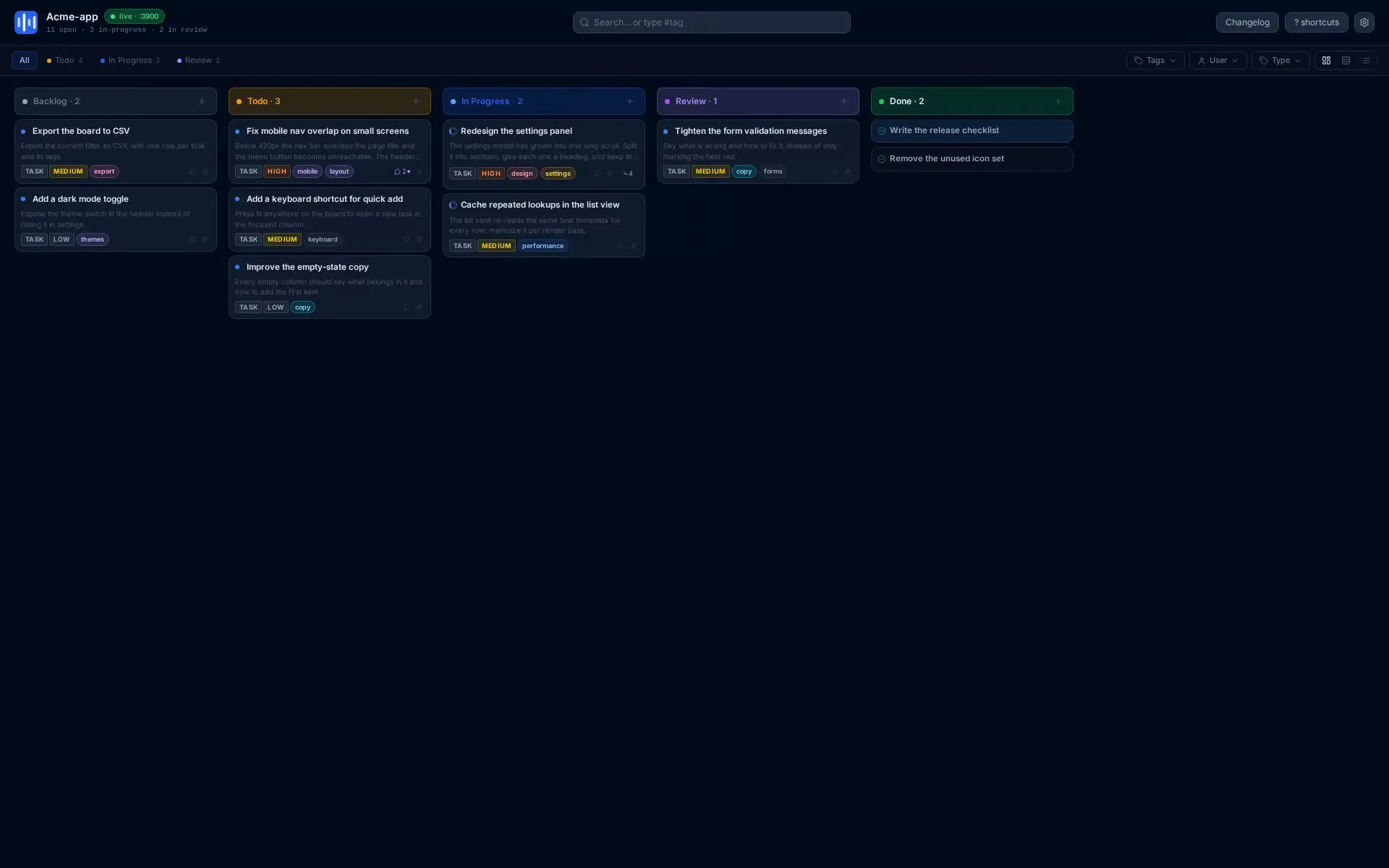 The Vibeflow kanban board the kanban command opens locally, with backlog, todo, in-progress, review and done columns populated with captured tasks.