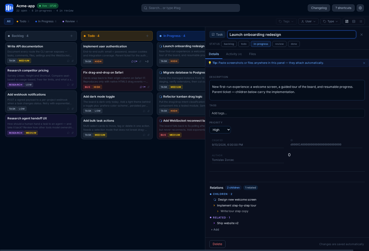 The task detail panel on the local Vibeflow board, showing the annotated task's title, a status row from backlog to done, description, tags, priority, author, and its child and related tasks.