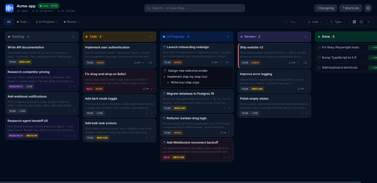 A parent task on the local Vibeflow board expanded to show its three child tasks inline, each tracked and claimable on its own.