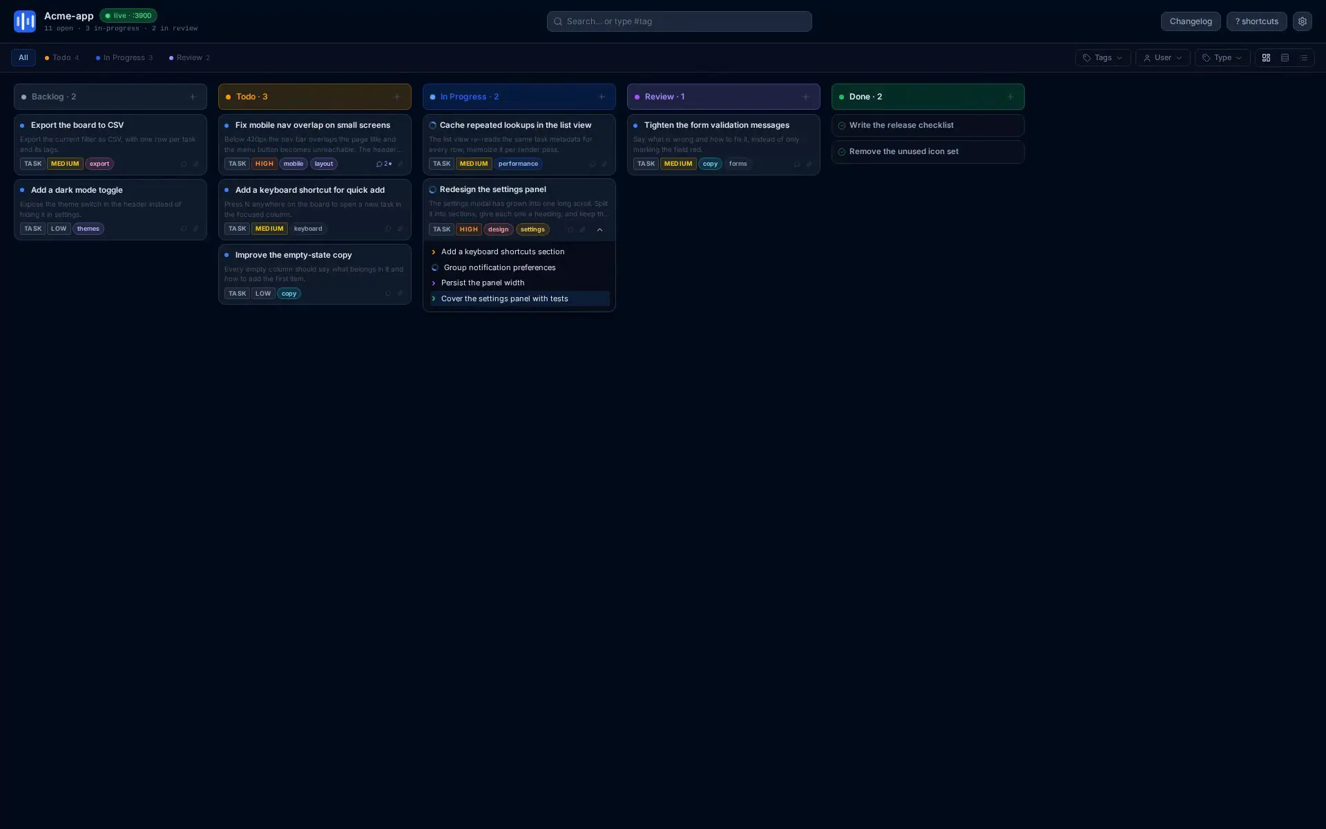 A task card is dragged across the local Kanban board, then the detail panel opens